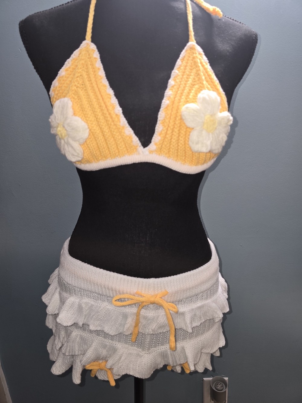 Handmade Yellow & White Crochet Daisy Bikini Top and Ruffle Skirt Set